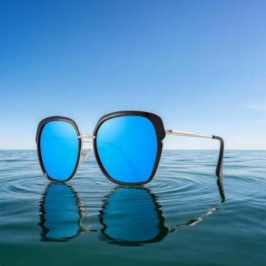 Imagem de Óculos de sol femininos vintage com armação de escudo grande para mulheres com caixa de presente, Armação preta/lente espelhada azul/hastes prateadas, Lens Width: 55 Millimeters