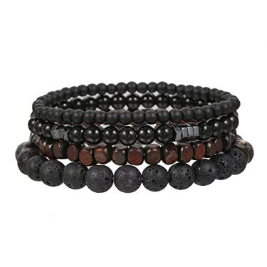 Imagem de 4 peças de pulseiras masculinas com contas combinando, conjunto de pulseiras de pedra vulcânica para mulheres, joias de pedra