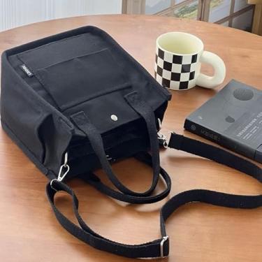 Imagem de Bolsa grande de lona, bolsa de ombro reutilizável com vários bolsos e alça de ombro destacável, sacola de compras de supermercado diária, preta