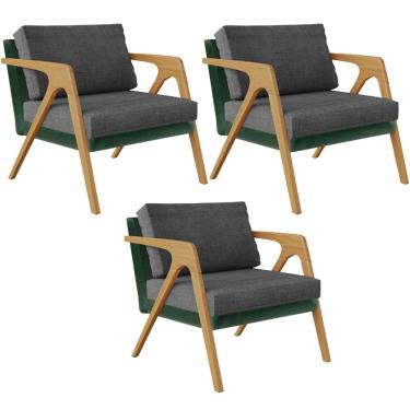 Imagem de Kit 03 Poltronas Decorativas Sala Estar Pietra L02 Facto Verde Musgo Linho Cinza Escuro - Lyam Decor