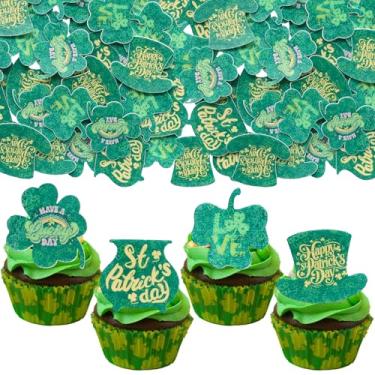 Imagem de Gyufise 48Pcs Edible St Patrick's Day Cupcake Topper Wafer Paper Lucky Four Leaf Clover Hat Cupcake Toppers Picks for St Patrick's Day Party Irish Holiday Party Decorations