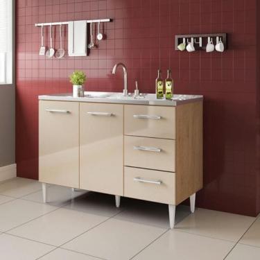 Imagem de BALCÃO VITÓRIA PARA PIA DE 1,20 2 PORTAS 3 GAVETAS Amêndoa Off - Milan