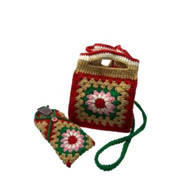 Imagem de Conjunto de bolsa de crochê e estojo de óculos feito à mão – Bolsa quadrada de crochê com suporte para óculos combinando | Conjunto de presente de bolsa de ombro colorida de malha para mulheres