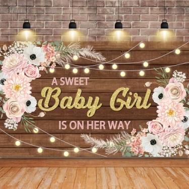 Imagem de Banner floral rústico para fotos de chá de bebê para meninas, fundo fotográfico de festa, revelação de gênero, uma doce menina está a caminho, vintage, cenário de madeira, cabine fotográfica 1,11 x
