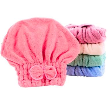 Imagem de Kit 4 Touca De Cabelo em Microfibra Elástica Pós Banho Toque Macio Super Absorvente