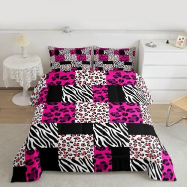 Imagem de jejeloiu Conjunto de edredom Queen com estampa de leopardo, guepardo, zebra, geométrico, patchwork, edredom para crianças, meninos, meninas, rosa, decoração de quarto, 3 peças com 2 fronhas