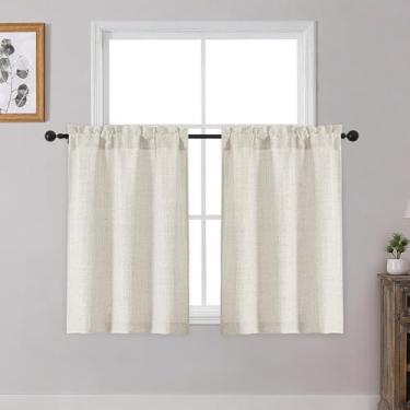 Imagem de OWENIE Conjunto de 2 painéis de cortinas de café naturais de 91 cm de comprimento, cortinas de cozinha curtas texturizadas com filtragem de luz sobre a pia, camada de cortina de janela pequena para