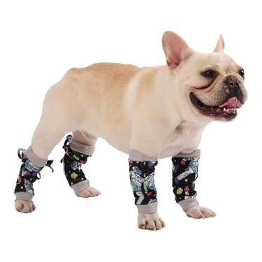 Imagem de PetWarm Conjunto de 4 peças de protetores de pés de cachorro, manga de recuperação de cães, cone de vergonha para cães, envoltórios de algodão macio para membros traseiros, ótimo suporte para descanso