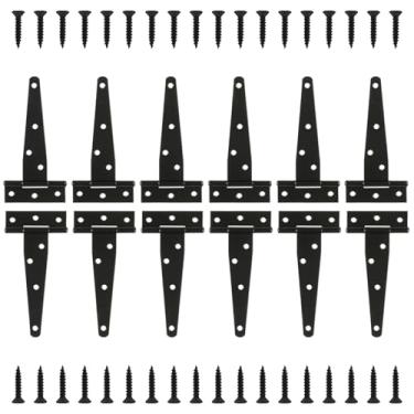 Imagem de Pacote com 12 dobradiças de alça em T de 12 cm, dobradiças para portão de porta de galpão, dobradiça preta resistente para cercas de madeira, dobradiça de portão de porta de celeiro para ferragens de