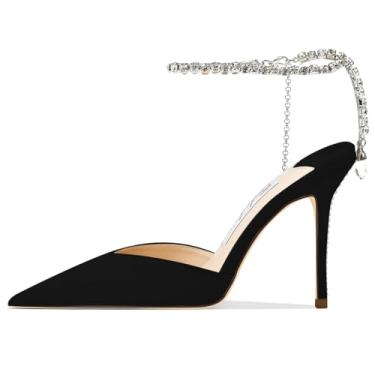Imagem de Cokvkuu Sandálias femininas de salto alto, corrente de cristal, tiras no tornozelo, fivela de strass, salto alto, stiletto, sem fecho, festa de casamento, sapato social de cetim 9 cm, Preto, 34
