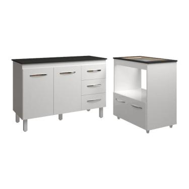 Imagem de Balcão Armário Gabinete Bruna 118 Cm Branco Com Tampo Preto E Balcão Evelyn Para Cookto...