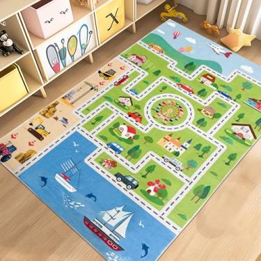 Imagem de Lacomfy Tapete infantil para meninos e meninas, coleção playtime, mapa de estradas, quarto, escavadeira, veículo de construção, tapete educativo e de aprendizagem, para decoração de berçário