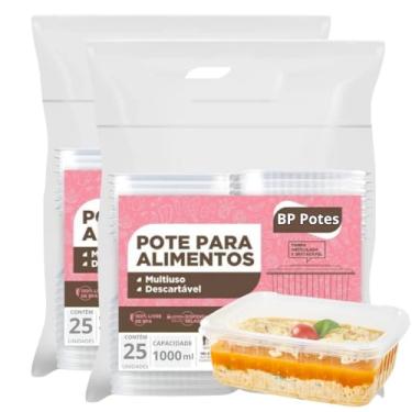 Imagem de Pote Descartável 1000ml Retangular Freezer Microondas Marmita Fit Com Tampa (50 Unidades)