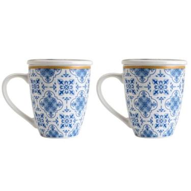Imagem de Kit 02 Canecas para Chá de Porcelana com Tampa 340 ml Lyor