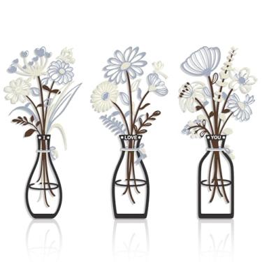 Imagem de RIJINDOUJIN Decoração de parede de flor de metal, arte de parede de vaso floral bege e azul, esculturas minimalistas de parede de metal para quarto, sala de estar, cozinha, leve e digno de presente