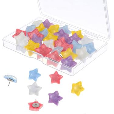 Imagem de 30 peças de pinos fofos de estrela, tachinhas coloridas em forma de estrela, pinos decorativos, tachinhas de quadro de avisos para mapa, escritório, parede de fotos, quadro de cortiça