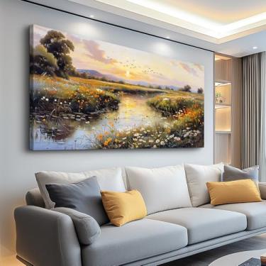 Imagem de PHAOHUAXM Arte de parede em tela para quarto decorações de parede para sala de estar decoração de escritório rebite vista pintura fazenda campo paisagem aquarela imagens impressão obras de arte parede