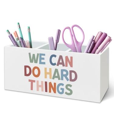 Imagem de TWRVI Suporte de caneta inspirador Boho para mesa, decoração de sala de aula, We Can Do Hard Things, suporte de lápis de madeira motivacional para quarto de crianças, quarto, sala de aula, casa