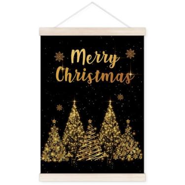 Imagem de TWRVI Cabide de pôster de Feliz Natal com moldura de madeira, decoração de parede de Natal de inverno para casa, pôsteres de árvore de Natal dourados com glitter rústico vintage para decoração de