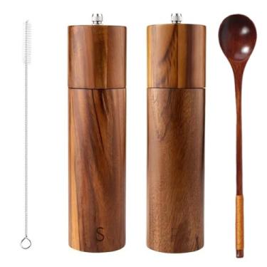 Imagem de Conjunto de madeira para moedor de sal e pimenta – Moedores de madeira de acácia torcidos manuais recarregáveis, 2 peças de moedor de 20 cm para sal marinho e pimenta, essencial para cozinha elegante