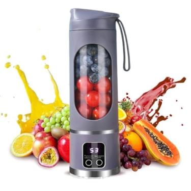 Imagem de Liquidificador portátil, recarregável com USB-C, copo compacto pessoal de 38 ml para batidos, vitaminas, suco fresco, autolimpante, tampa à prova de vazamento, visor de tempo inteligente, 12 lâminas