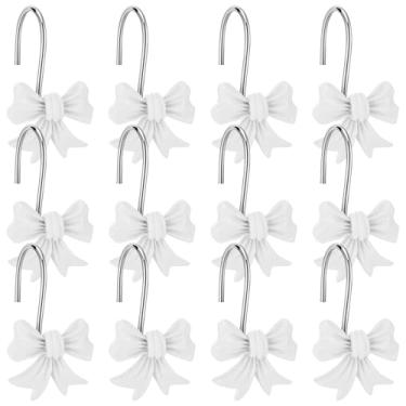 Imagem de 12 peças de ganchos de cortina de chuveiro com nó de laço branco decorativo à prova de ferrugem para varões de cortina, sala de estar, quarto de bebê, berçário, decoração de arte