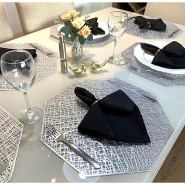 Imagem de Jogo Americano Octagonal Sextavado Kit 4 ou 6 Peças Redondo 38cm Mesa Posta (4 UNIDADES PRATA)