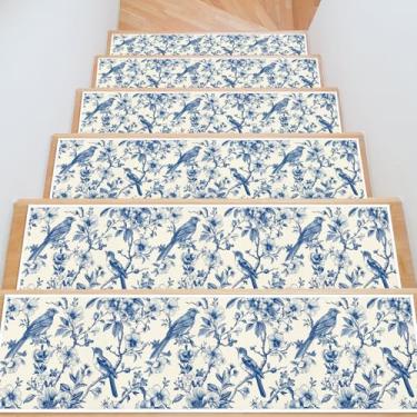 Imagem de InIsaJace Tapete antiderrapante para escadas, pacote com 15 passos, pássaros florais azuis para degraus de madeira, tapetes laváveis para crianças idosas e cães (19 x 75 cm)