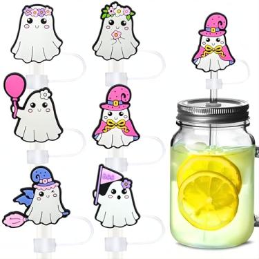 Imagem de 6 peças de topos de palha Kawaii, lindos acessórios de bebida de Halloween, pingentes de fantasma de silicone reutilizáveis para copos de festa, presente para meninos, meninas e amigos, decorações de