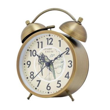 Imagem de Despertador vintage de latão duplo com estampa de pássaro de 15,5 cm