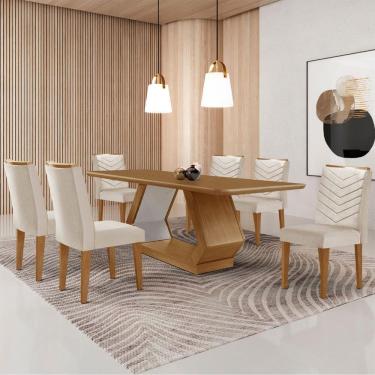 Imagem de Mesa Sala De Jantar Alvorada 180cm E 6 Cadeiras Liz Moderna Veludo Creme/off White/imbuia