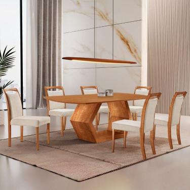 Imagem de Mesa Ane 180 Tampo Laminado Barril Com 6 Cadeiras Munique Linho Off Imbuia Natural