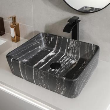 Imagem de Zoyueyu Pia retangular para vaso de banheiro 48 x 38 cm com combinação de torneira e dreno, tigela snk de cerâmica preta branca acima do balcão pia de vaso de mármore pia de porcelana pia de arte e