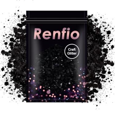 Imagem de Renfio Glitter grosso preto, pó fino misturado PET floco lantejoulas iridescentes glitter para resina artesanal, pintura de ornamento de copo, corpo de cabelo, decoração de casamento 100 g - preto