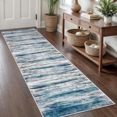 Imagem de KOZYFLY Tapete de corredor abstrato moderno, tapetes de cozinha de 5 x 20 cm, antiderrapante, lavável, macio, listrado, corredor, tapete azul para entrada, banheiro, lavanderia, hall de entrada