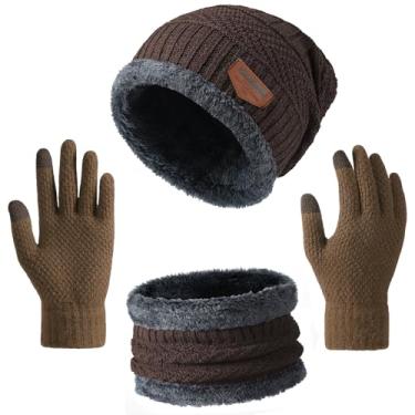 Imagem de Gorro de inverno, cachecol circular, conjunto de luvas com tela sensível ao toque, gorro de caveira de malha de neve, aquecedor de pescoço forrado com lã grossa quente para homens e mulheres