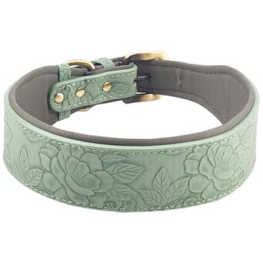 Imagem de GORGECRAFT Coleira de couro para cães de 68 x 5 cm com estampa em relevo vintage couro PU em relevo coleira de cachorro verde mar confortável forro respirável presente para cães grandes, médios e