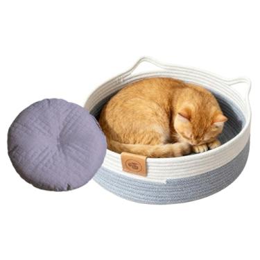 Imagem de Cama redonda para gatos | Artigos para animais de estimação de corda de algodão com tapete | Cama redonda para gatos pequenos para cães pequenos - para ambientes internos, cachorros, coelhinhos