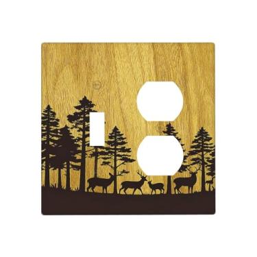 Imagem de Naiqadnehz Capas de tomada floresta, veado, pinheiro, grão de madeira, 1 interruptor duplex, 1 interruptor duplex, placa de cobertura para interruptor de luz elétrica, placa decorativa de parede para