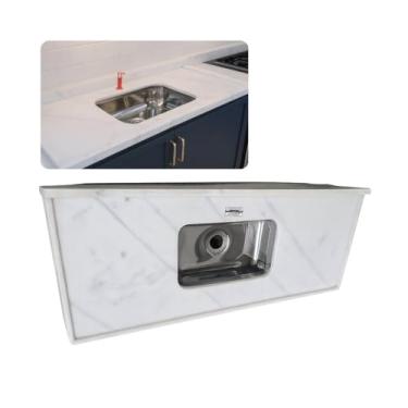 Imagem de Pia Cozinha Mármore Branco 100cm Cuba Inox Rasa Acabamento