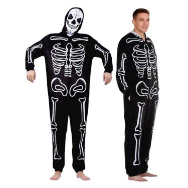 Imagem de ROC PARTY Fantasia de esqueleto para adultos unissex – macacão de pijama com capuz de lã para fantasia de Halloween em família (grande)
