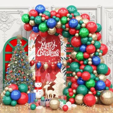 Imagem de Balões de Natal, arco, vermelho, azul, verde, dourado, guirlanda de Natal, decorações de festa, duas camadas, azul real, verde, metálico, ouro, hélio, látex, balão, ano novo, férias, aniversário