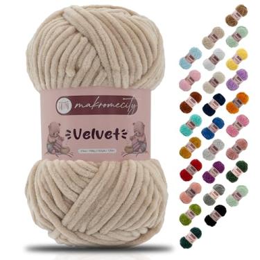 Imagem de Makromecity Fio de veludo 100 g (3,5 oz) / 120 m (132 jardas) fio de chenille premium 100% poliéster, ultra macio, antibolinhas, lavável na máquina, 30 cores para tricô e crochê (bege, 1 novelo)