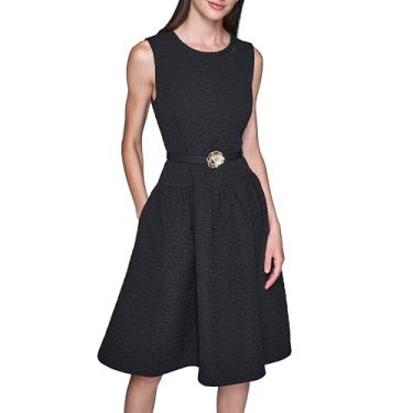 Imagem de Karl Lagerfeld Vestido feminino sem mangas gola redonda floral floral stretch jacquard evasê, Preto, 46