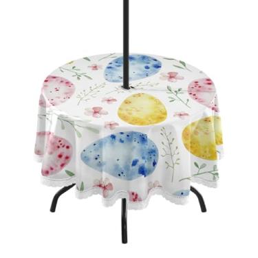 Imagem de Blueangle Toalha de mesa redonda impermeável com ovos de Páscoa de 152 cm à prova d'água com orifício para guarda-chuva - Tecido resistente à prova de sol para todos os climas para pátio, acampamento