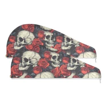 Imagem de SEHANY Toalha de cabelo de microfibra rosa e caveira para mulheres, 2 peças, turbantes de cabelo de secagem rápida com botão, touca de cabelo seco absorvente toalha de secagem de cabelo para cabelos