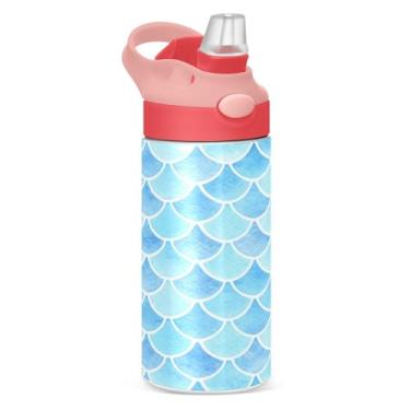 Imagem de Blueangle Garrafa de água de aço inoxidável isolada de 340 g com linda escama de sereia colorida com tampa de canudo - Garrafa esportiva reutilizável e portátil à prova de vazamento para viagens, ao