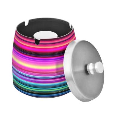 Imagem de Blueangle Cinzeiro listrado colorido do México com tampa para cigarros, à prova de vento/chuva, aço inoxidável, sem fumaça, inodoro, cinzeiro para uso interno ou externo (164)