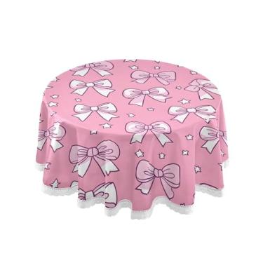 Imagem de SEHANY Toalha de mesa redonda com laço rosa de 152 cm, tecido lavável sem rugas, toalha de mesa decorativa de renda para restaurante, casamento, acampamento, festa de cinco de maio