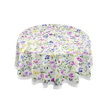 Imagem de SEHANY Elegante toalha de mesa redonda com flores roxas, 152 cm, tecido lavável sem rugas, toalha de mesa redonda com renda decorativa para restaurante, casamento, acampamento, festa Fiesta Cinco de